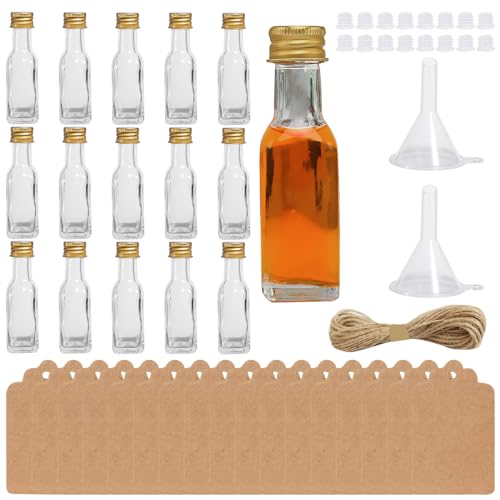 ZJRung 16 Stück Mini Fläschchen Kleine Schnapsflaschen 20 ml Fläschchen Glas Wiederverwendbar Likörflaschen zum Befüllen Glas Saftflaschen mit Gelb Deckel und Trichter Juteschnur von ZJRung