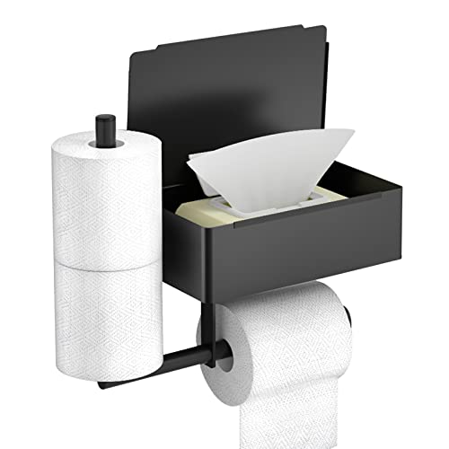 Toilettenpapierhalter mit Feuchttücherbox, Mattschwarz Klopapierhalter mit Seitenrollen-Aufbewahrungsregal, WC Papier Halterung für Küche und Badzimmer von ZJT