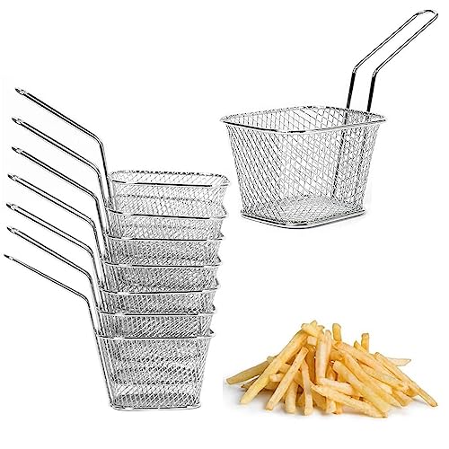 ZJT Frittierkorb Klein Servierkörbchen für Pommes Mini Pommes Frites Netz Frittierkorb,Edelstahl quadratischer Pommes-Korbhalter, geeignet für Pommes, Zwiebelringe, Chicken Wings, Silber (8 Stück) von ZJT