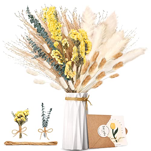 Pampasgras Trockenblumen Deko - Natürliche Pampasgras Getrocknet Flauschige Wedel, Eukalyptus Getrocknet und Lagurus Trockenblumen Strauß, Dekoration für die perfekte Hochzeit、Arrangements Heim Decor von ZJTAPE