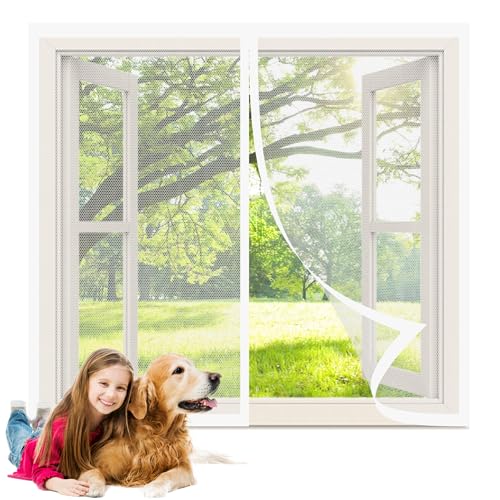 Insektenschutz für Fenster Außen 137 x 105 cm Insektenschutz Fliegengitter Fenster mit Rahmen Ohne Bohren Atmungsaktiv Selbstschließend für Balkonfenster Terrassenfenster, Weiß von ZJUNLI