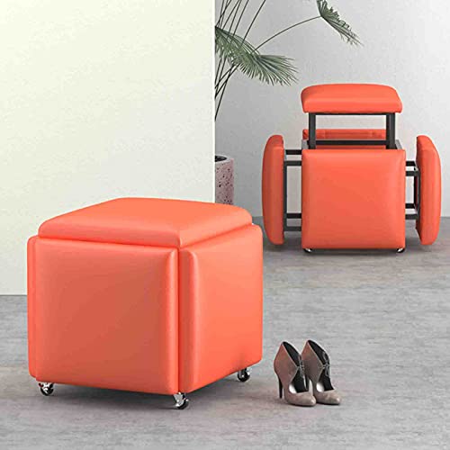 5-in-1-Sitzhocker (unterteilt in 5 Würfelsitze) + Drehgelenke, Kunstleder-Fußstütze, Sofasitz mit Massivholzfüßen für Wohnzimmer/Orangefarbener Flanell/35 * 35 * 35 cm von ZJXDPBF