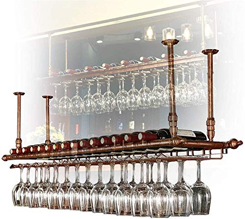 Hängendes Weinregal mit Glashalter und Regal, Vintage-Eisen-Metallguss-Decke, kopfüber hängende Weinkelchhalter, hohe Gläser, Flaschenaufbewahrungsbar (Farbe: Bronze, Größe: 100 x 30 cm) von ZJXDPBF