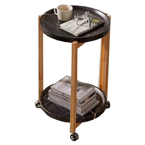 ZJYIGOWL Runder Beistelltisch Mit 2 Staufächern Industrielle Snack-Tische Mit Rollen Für Kleine Räume Sofabeistelltisch Couchtisch Mit Holzplatte Für Wohnzimmer, Schlafzimmer(Black,53CM) von ZJYIGOWL