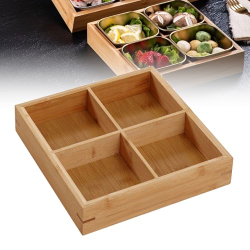 4 Fächer Serviertabletts, Divided Wooden Tray, Serviertablett aus Holz mit Mehreren Fächern, Geteiltes Holztablett für Hot Pot Restaurants, Sushi Restaurant zum Servieren von ZJchao