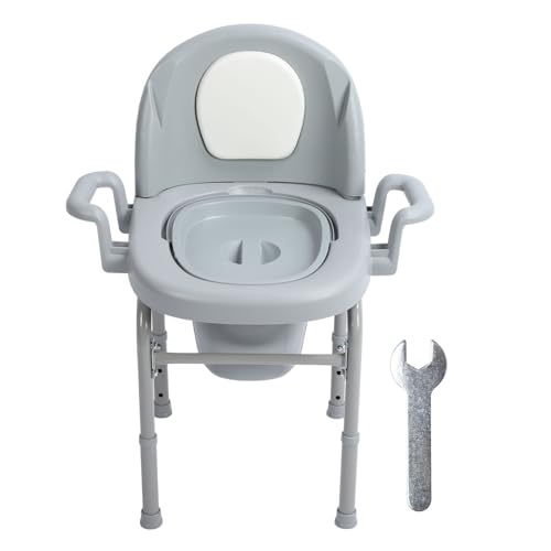 Nachttisch-Toilettenstuhl, Erhöhter Toilettensitz mit Griffen, 3 Höhenverstellbare Drop-Arm-Toilettenstuhl, Tragbarer Toilettenstuhl mit Rückenlehne für ältere Schwangere Frauen von ZJchao