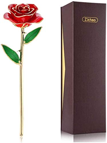 ZJchao 24 K Gold Rosa Für Sie, Getauchte Gold Rose Metall Ewigkeit Liebe Echte Vergoldete Konservierte Ewige Blume Mit Rosenständer Geschenk Für Frau/Freundin/Paar (Rot) von ZJchao