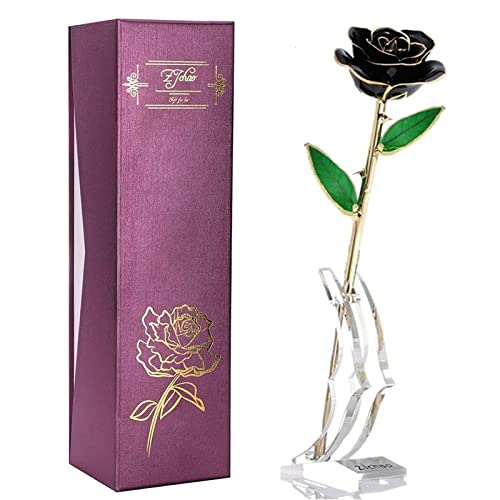 ZJchao 24 K Gold Rosa Für Sie, Getauchte Gold Rose Metall Ewigkeit Liebe Echte Vergoldete Konservierte Ewige Blume Mit Rosenständer Geschenk Für Frau / Freundin / Paar (Schwarz) von ZJchao