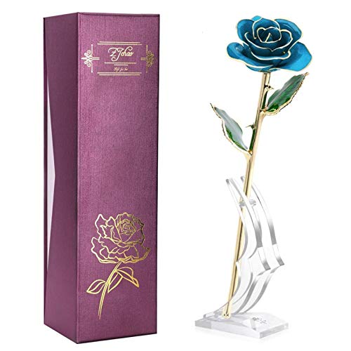 ZJchao 24 K Gold Rose Rose Für Sie, Getauchte Goldrose Ewigkeit Liebe Echte Vergoldete Konservierte Ewige Blume Mit Rosenständer Geschenk Für Frau/Freundin/Dame (Blau) von ZJchao