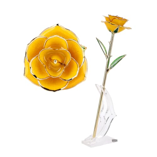 ZJchao 24 K Gold Rose Rose Für Sie, Getauchte Goldrose Ewigkeit Liebe Echte Vergoldete Konservierte Ewige Blume Mit Rosenständer Geschenk Für Frau / Freundin / Dame (Gelb) von ZJchao