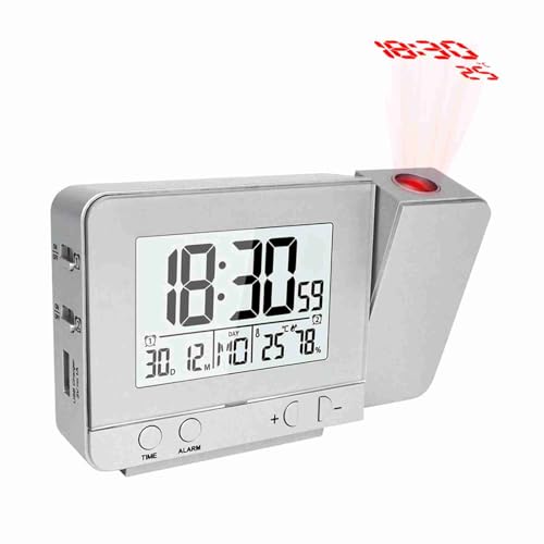 ZJchao Digital Clock Projector mit Thermometer-Hygrometer, Großer LCD-Bildschirm, Lautstärkerei-Einstellung Dual Alarm mit Snooze, USB-Ladegerät-Ausfallspeicher, Einfacher Betrieb, 180 ° (Silver) von ZJchao