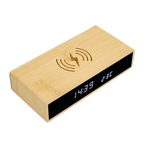 ZJchao Hölzerner Digitaler Wecker, Schnelle Kabellose Ladestation für Alle Arten von Smartphones, Multifunktionale, Modische, Exquisite Bambus-LED-Uhr mit 3 Weckern von ZJchao