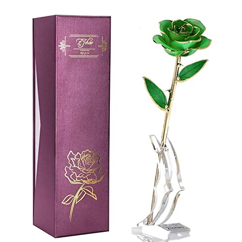 ZJchao 24 K Gold Rosa Für Sie, Getauchte Gold Rose Metall Ewigkeit Liebe Echte Vergoldete Konservierte Ewige Blume Mit Rosenständer Geschenk Für Frau/Freundin/Paar (Grün) von ZJchao