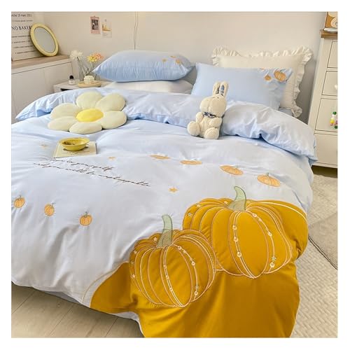 ZKALQECNF Bettbezug-Sets Bettbezug-Set aus 100% Baumwolle, superweich und bequem, schickes 4-teiliges Bettwäsche-Set mit Kürbis-Stickerei Bettbezug(Blue,2.0m Bed -220x240cm) von ZKALQECNF