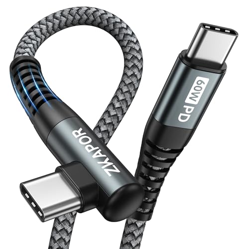 ZKAPOR USB C auf USB C Kabel 1M, USB-C Kabel 90 Grad Winkel 60W Schnellladekabel USB Typ C für iPhone 15/15 Pro Max, Samsung Galaxy S23 /S22, Pad Pro, Air, Huawei P40 /Mate 60, Pixel -Grau von ZKAPOR