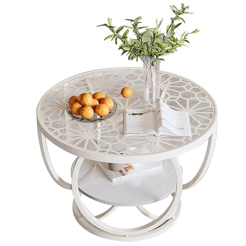 Couchtisch aus Glas, 80 cm Große, Runde Beistelltische mit Stauraum, 2-Stufige Glasplatte, Schlichter und Moderner Mitteltisch für Wohnzimmer Oder Home-Office(White,Small) von ZKBDBWTR