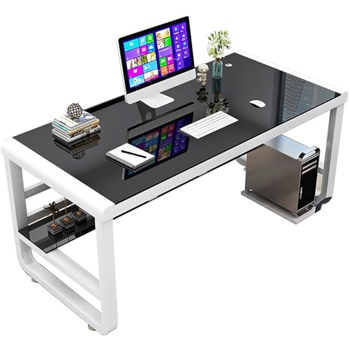 ZKBDBWTR Computertisch aus Gehärtetem Glas mit Ablagefächern, Moderner Einfacher Gaming-Schreibtisch, PC-Schreibtisch(Black+White,100cm/39.3in) von ZKBDBWTR