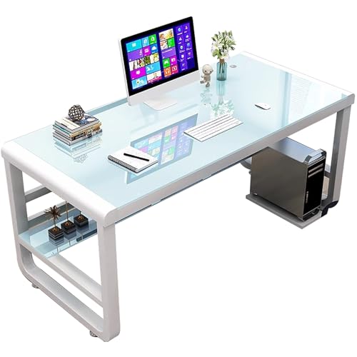 ZKBDBWTR Computertisch aus Gehärtetem Glas mit Ablagefächern, Moderner Einfacher Gaming-Schreibtisch, PC-Schreibtisch(White,160cm/62.9in) von ZKBDBWTR
