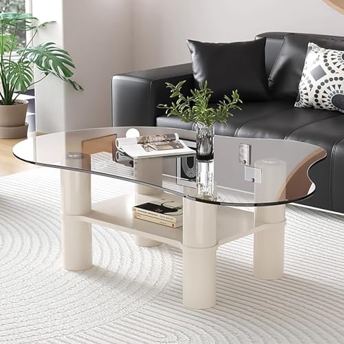 ZKBDBWTR Couchtisch aus Glas, 2-Stufiger Sofa-Beistelltisch mit Beinen und Regalen aus Massivholz, Moderner Ovaler Kaffeetisch für das Wohnzimmer(Gray) von ZKBDBWTR