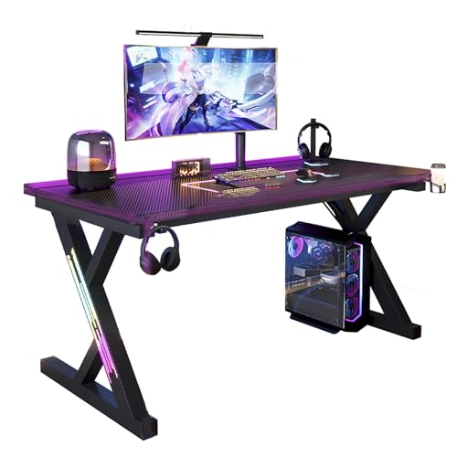 ZKBDBWTR Gaming Schreibtisch, Computertisch mit LED-Leuchten, Ergonomischer PC Tisch-Workstation mit Getränkehalter, Kopfhörerhaken, Kabelbox, Kohlefaser(100cm/39.3in) von ZKBDBWTR