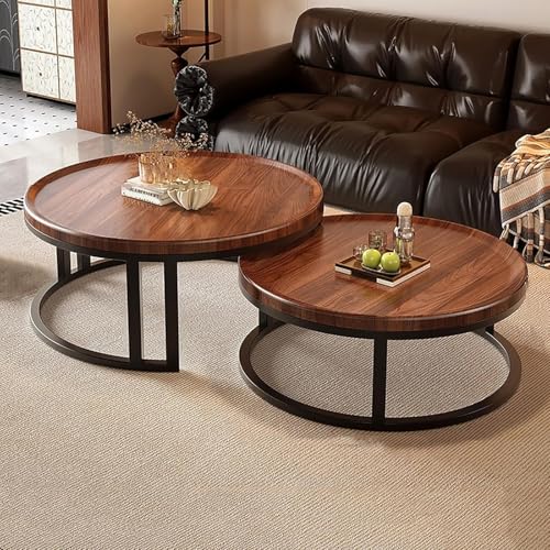 ZKBDBWTR Moderne Runde Couchtische, 2-Teiliges Mitteltisch-Set mit Holzplatte und Metallrahmen, Stapelbarer Beistelltisch für Schlafzimmer, Wohnung(Brown,60+80cm/23.6+31.4in) von ZKBDBWTR