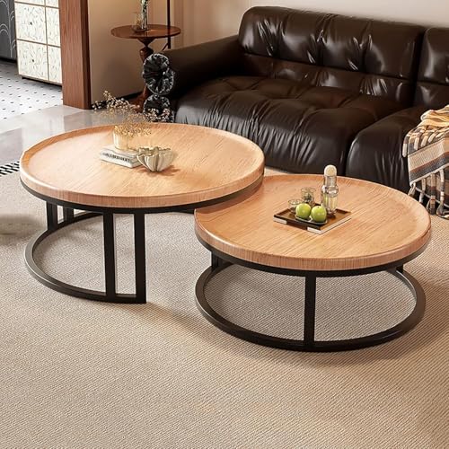ZKBDBWTR Moderne Runde Couchtische, 2-Teiliges Mitteltisch-Set mit Holzplatte und Metallrahmen, Stapelbarer Beistelltisch für Schlafzimmer, Wohnung(Yellow,60+80cm/23.6+31.4in) von ZKBDBWTR