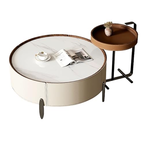 ZKBDBWTR Runder Couchtisch 2er-Set, Wohnzimmertisch aus Marmor mit Schubladen, Akzent-Beistelltisch, für Wohnzimmer und Schlafzimmer von ZKBDBWTR