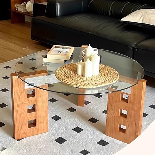 ZKBDBWTR Runder Couchtisch Aus Der Mitte des Jahrhunderts Mit Platte Aus Gehärtetem Glas Und Beinen Aus Massivholz, Akzenttisch for Kleines Wohnzimmer, Stilvolles Retro-Design von ZKBDBWTR