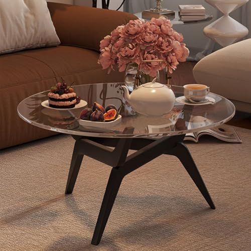 ZKBDBWTR Runder Couchtisch mit Glasplatte, Mid-Century Modern Sofatisch aus Massivholz für Wohnzimmer, Kleine Wohnung oder Balkon, 2-stufige Aufbewahrung(Black) von ZKBDBWTR