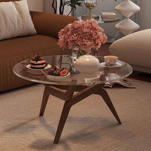 ZKBDBWTR Runder Couchtisch mit Glasplatte, Mid-Century Modern Sofatisch aus Massivholz für Wohnzimmer, Kleine Wohnung oder Balkon, 2-stufige Aufbewahrung(Brown) von ZKBDBWTR