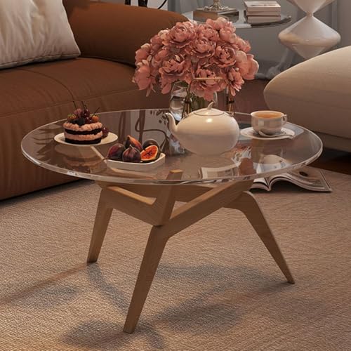 ZKBDBWTR Runder Couchtisch mit Glasplatte, Mid-Century Modern Sofatisch aus Massivholz für Wohnzimmer, Kleine Wohnung oder Balkon, 2-stufige Aufbewahrung(Yellow) von ZKBDBWTR