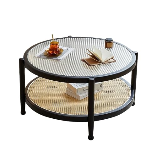 ZKBDBWTR Runder Rattan-Couchtisch fürs Wohnzimmer, 80cm Wohnzimmertisch mit Tischplatte aus Gehärtetem Glas, Rustikaler Akzenttisch aus Massivholz im Bauernhausstil(Black) von ZKBDBWTR