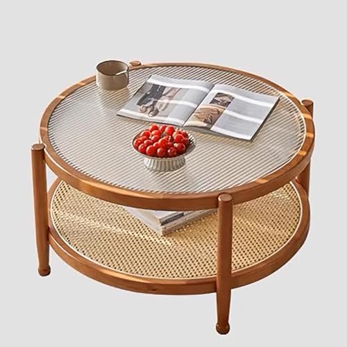 ZKBDBWTR Runder Rattan-Couchtisch fürs Wohnzimmer, 80cm Wohnzimmertisch mit Tischplatte aus Gehärtetem Glas, Rustikaler Akzenttisch aus Massivholz im Bauernhausstil(Brown) von ZKBDBWTR