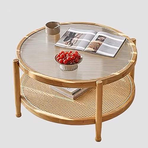 ZKBDBWTR Runder Rattan-Couchtisch fürs Wohnzimmer, 80cm Wohnzimmertisch mit Tischplatte aus Gehärtetem Glas, Rustikaler Akzenttisch aus Massivholz im Bauernhausstil(Yellow) von ZKBDBWTR