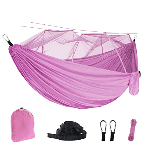 Hängematten-Set, tragbare Outdoor-Hängematte, Camping, mit Moskitonetz, leicht, Nylon, atmungsaktiv, Hängematte, Schaukel mit Baumriemen, Karabinern für Reisen, Rucksackreisen, Wandern, Rosa von ZKFDP