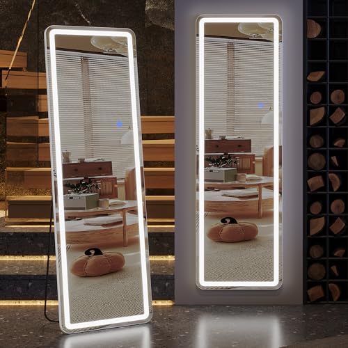 ZKIODV Standspiegel Ganzkörperspiegel mit Beleuchtung, LED Spiegel Groß, 160 X 50 Großer Wandspiegel, Spiegel Ganzkörper mit Ständer, Stehspiegel für Schlafzimmer, Wohnzimmer, Flur (Weiß, 160 * 50) von ZKIODV