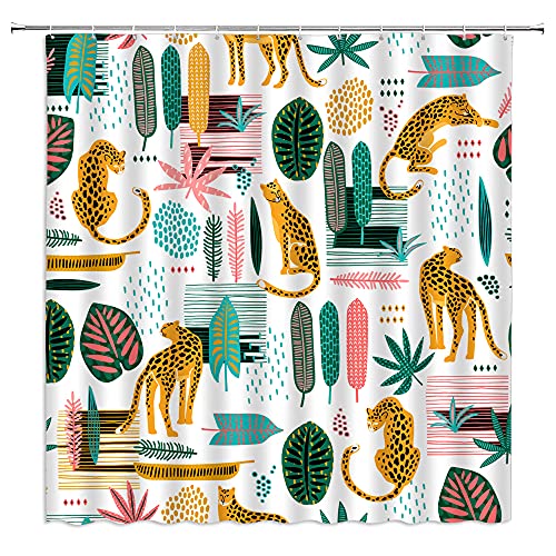 Duschvorhang mit Palmblättern, Leoparden-Motiv, Leoparden-Tiger, topische Palmblatt-Pflanze, Sommer, Safari, Panthera, große Katze, bunt, kreativ, Kunststoff, Badezimmer-Dekor mit Haken, rosa, weiß von ZKJSMGS