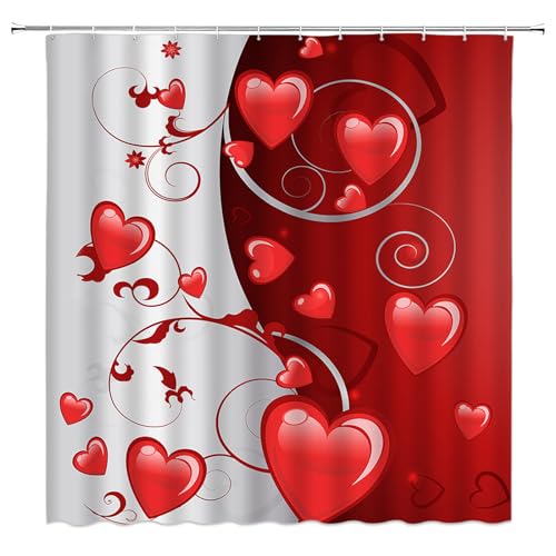 ZKJSMGS Valentinstag Duschvorhang Rot Grau Herz Süße Liebe Geometrische Blumen Romantisch Frauen Mädchen Modern Badezimmer Home Vorhang Dekor mit Haken, 178 cm B x 70 H von ZKJSMGS