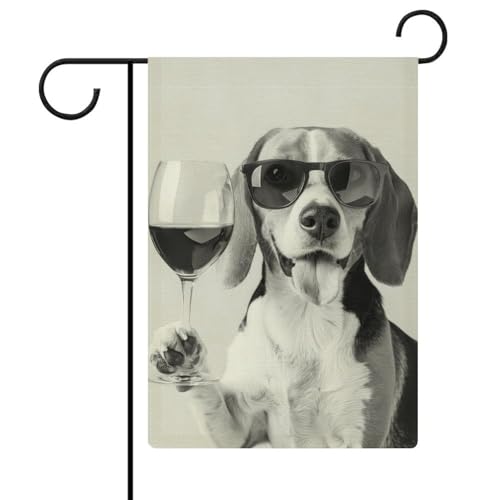 Beagle Holding Rotwein Wandkunst, Schwarz-Weiß-Druckflagge für den Außenbereich, Garten, beliebte, moderne dekorative Designs, 30 x 45 cm von ZKMBMU