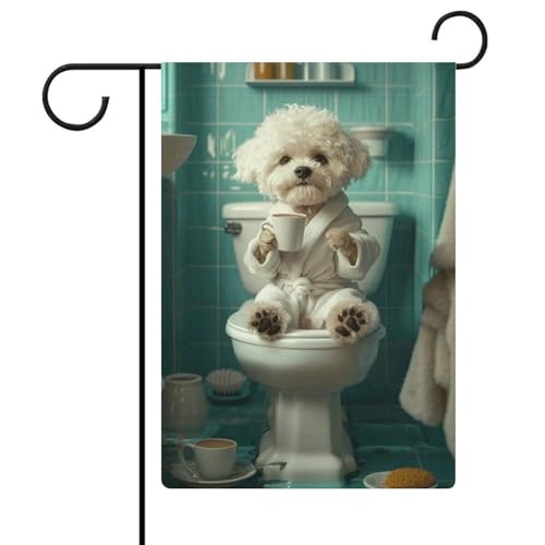 Bichon Frisé-Flagge auf der Toilette und trinkendem Kaffee, für den Außenbereich, Garten, beliebte, moderne dekorative Designs, 30 x 45 cm von ZKMBMU