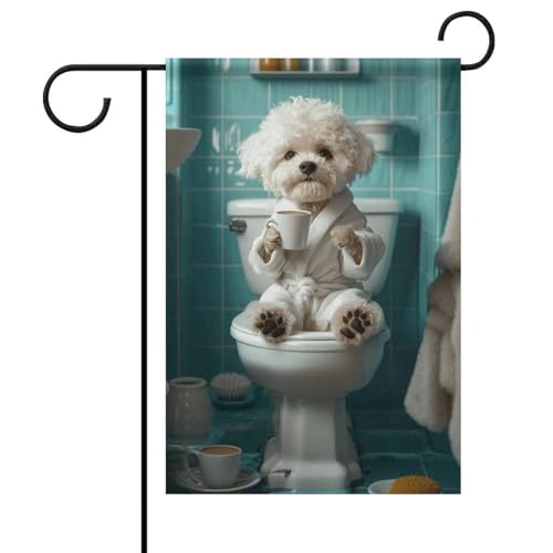 Bichon Frisé auf der Toilette und trinkendem Kaffee, Flagge, Outdoor, Garten, beliebte, moderne dekorative Designs, Einheitsgröße von ZKMBMU