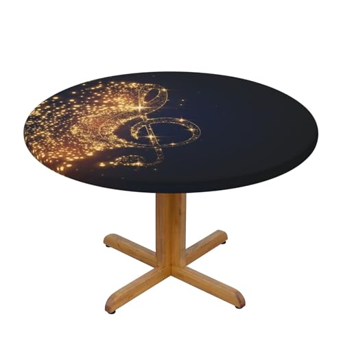 ZKZBDPLK Runde Tischdecke mit goldener Musiknote mit glänzendem Stern – wasserdichte, schmutzabweisende dekorative Tischdecke mit elastischem Saum für runde und achteckige Tische von ZKZBDPLK