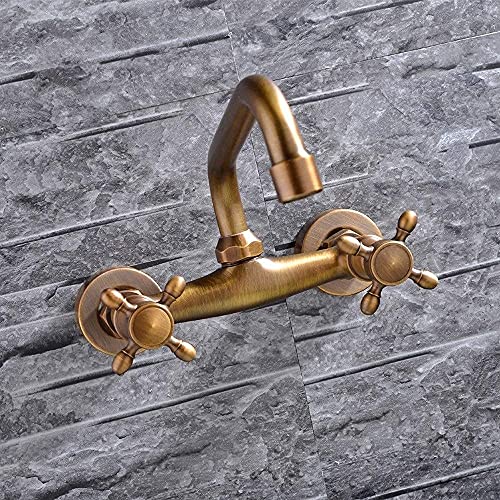 Wasserhähne, Küche Alle Zugdraht in der Wand Doppelgriff-Waschtischarmatur Ländlicher europäischer Stil Retro Wandmontiertes Waschbecken Kalte Hitze Drehender Wasserhahn/Bronze Present von ZLCO