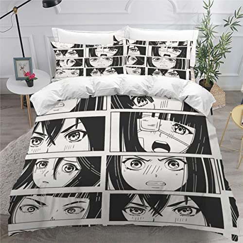 Bettwäsche 135x200 cm Kinder Jungen Mädchen Bettwäsche Set Japanischer Anime schwarz-weiß Manga Bettbezug Set mit 2 Kissenbezüge 80 x80 cm Kinder Teens 3 Stück Hypoallergen Flauschig Bettwäsche von ZLKEJI