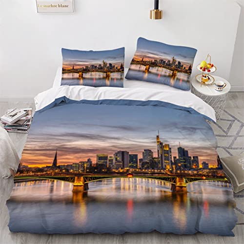 ZLKEJI Bettwäsche 135x200cm Deutschland Frankfurt Landschaft Bettbezug SetHauptfluss Nach Sonnenuntergang Set 3D Mikrofaser Reißverschluss und Kissenbezug 80x80cm Flauschige Weich von ZLKEJI