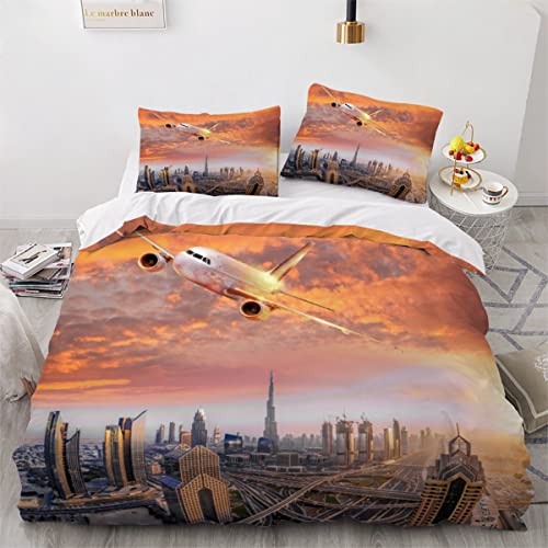 ZLKEJI Bettwäsche 155x220cm Dubai-Landschaft Bettbezug SetFlugzeug Am Himmel Bettwäsche Set 3D Mikrofaser Reißverschluss Bettbezug und Kissenbezug 80x80cm Flauschige Weich von ZLKEJI