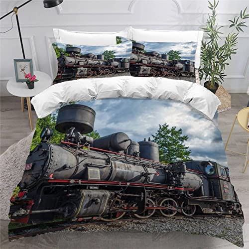 Dampfmaschine Bettwäsche-Set 155 x 220cm Weinlese-industriellen Dampfmaschine Eisenbahn Rauch-Retro-Bahnstation Bettwäsche Retrozug,Mikrofaser Bettbezug und Kissenbezug 80x 80cm Kinder Jungen Mädchen von ZLKEJI