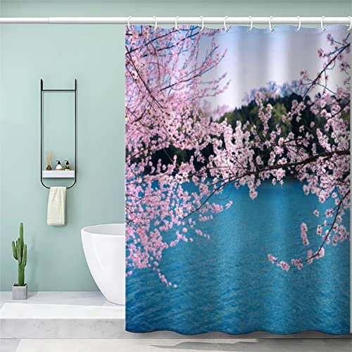 Duschvorhang 180x180 Natur Frühling Kirschblüten Badezimmer Vorhänge Waschbar Badvorhang Wasserdicht Badvorhang with 12 Hooks Bad Vorhäng von ZLKEJI