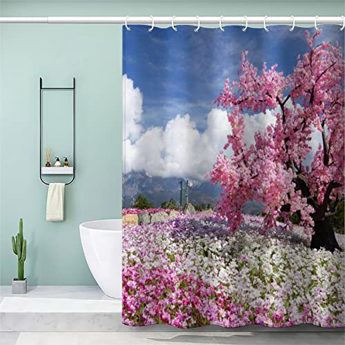 Duschvorhang 180x200 Anti-Bakteriell Duschvorhang Frühling Rosa Kirschblüten Schwer Stoff Polyester Badezimmer Duschvorhang Textil Waschbar 180x200 cm von ZLKEJI