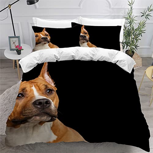 Pet Hund Bettwäsche 135x200cm Kinder Jungen Mädchen, Amerikanischer Staffordshire-Terrier Bettbezug Set Schwarz Bettwäsche-Set 3D-Haustiermotiv Animal Puppy Betten Set,2 Kissenbezüge 80x80cm von ZLKEJI